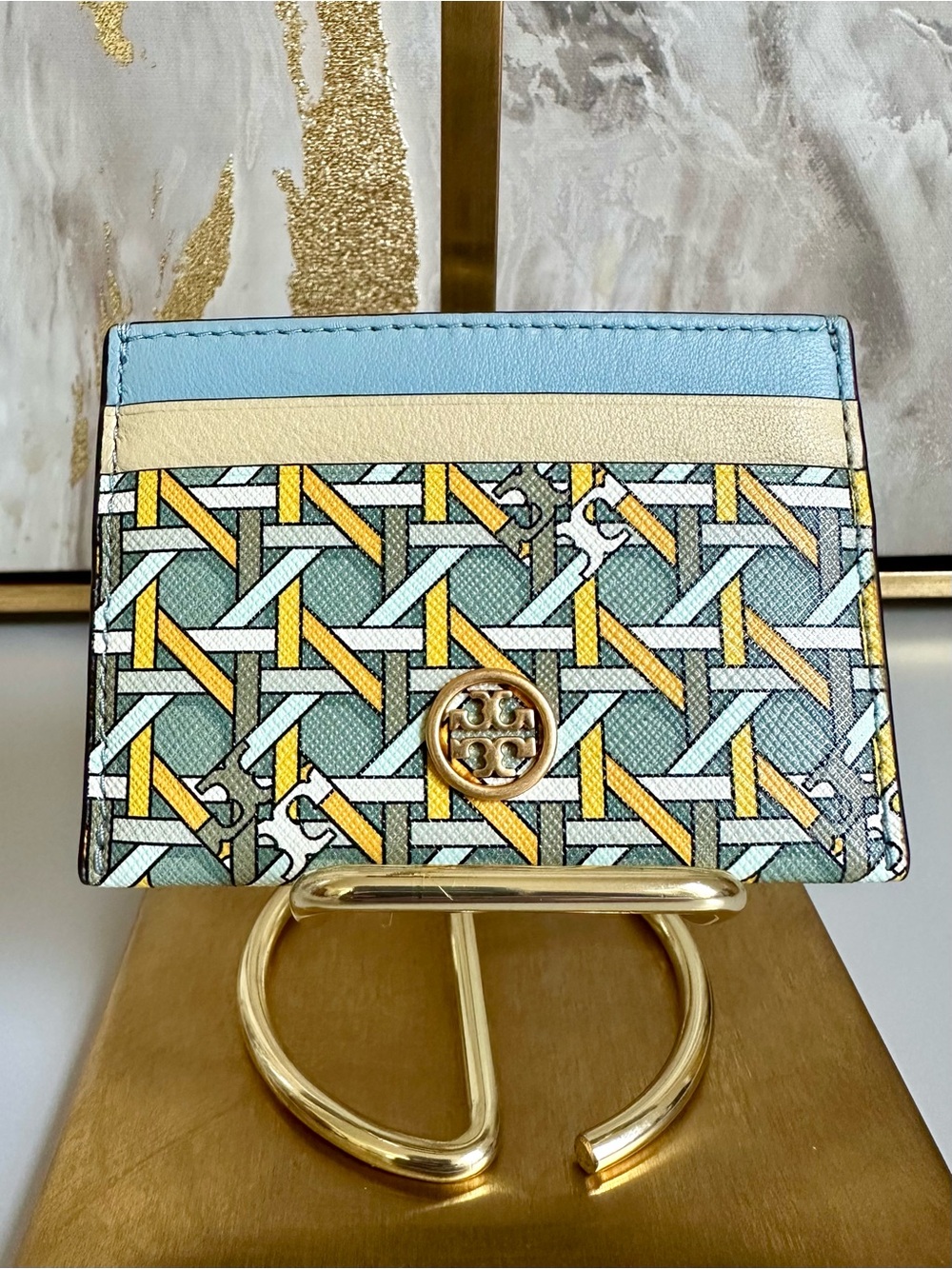 NWOT Tory Burch Robinson Fragmented Printed Card Case with Gold Logo
